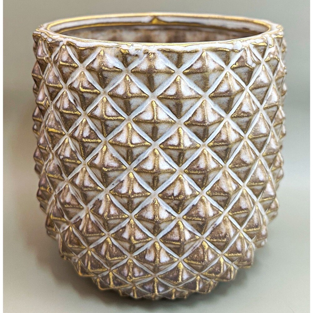 Textured Ceramic Planter Pot Beige White Gold Boho Indoor Home Decor MCM 5.75” H
